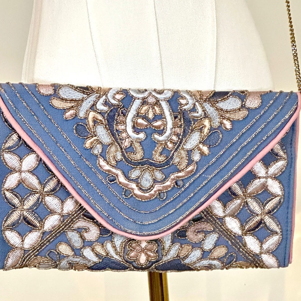 Elegant Blue and Pink Embroidered Clutch.